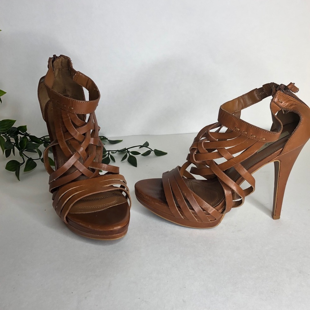 Zara Basic Brown Leather Strappy High Heels 37